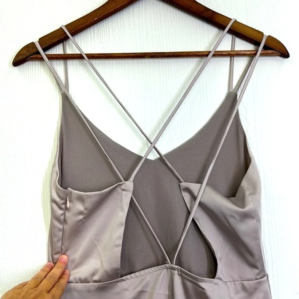 Mod Ref - Shiny Polyester Strappy Side Zipper Silver Maxi Dress Size Small